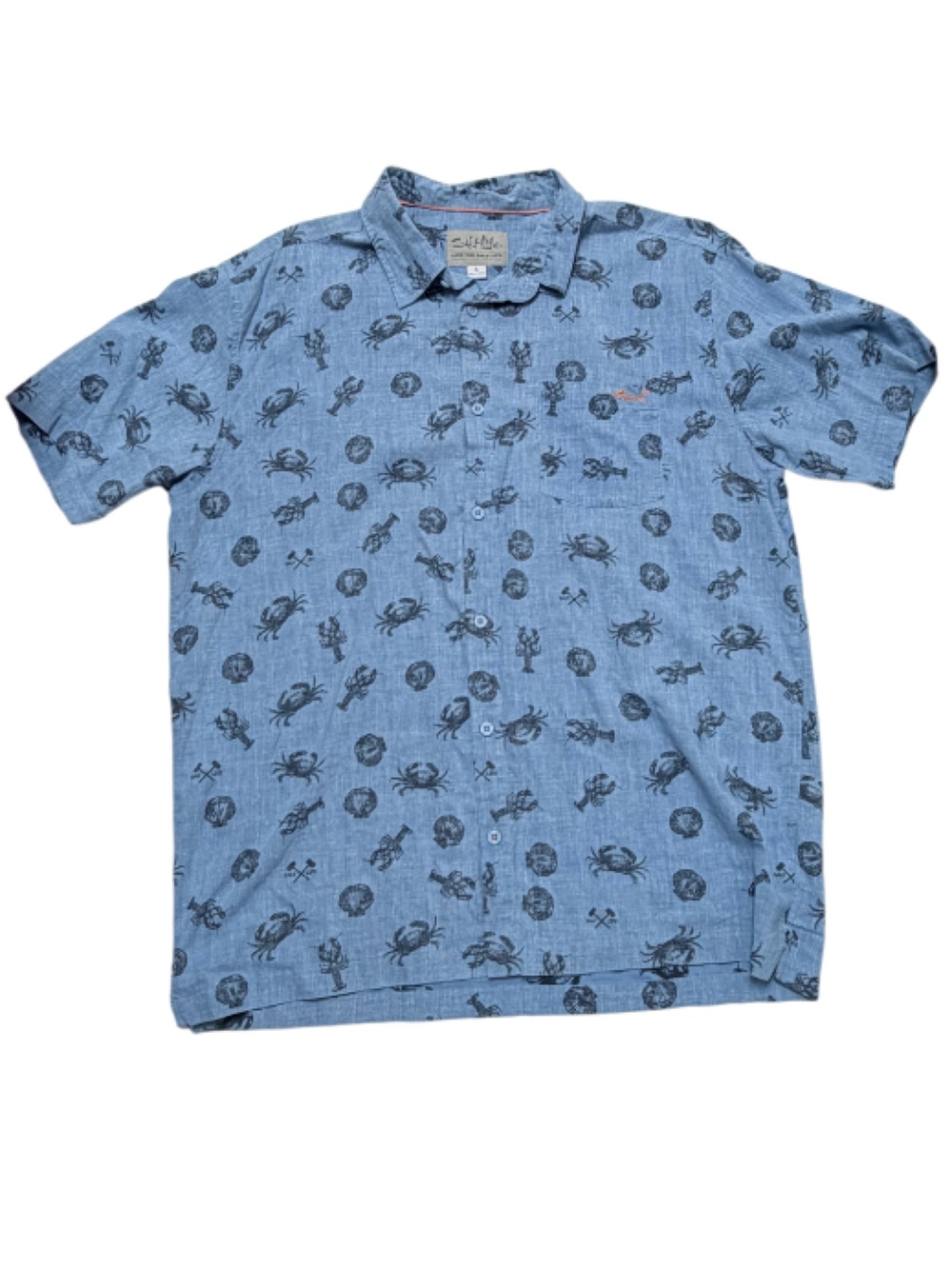 Salt Life Blue Chambray Beach Print Button Front Camp Shirt Men’s XL Coastal